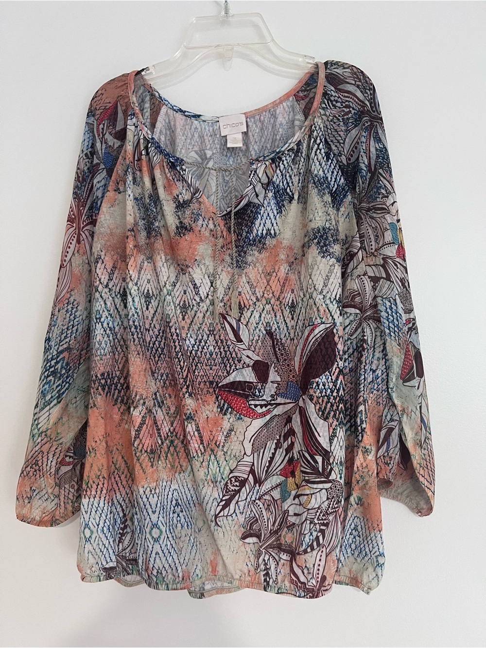 Chicos Watercolor Women's Size XL 3 Floral Tassel Artsy Boho Blouse Semi-Sheer
